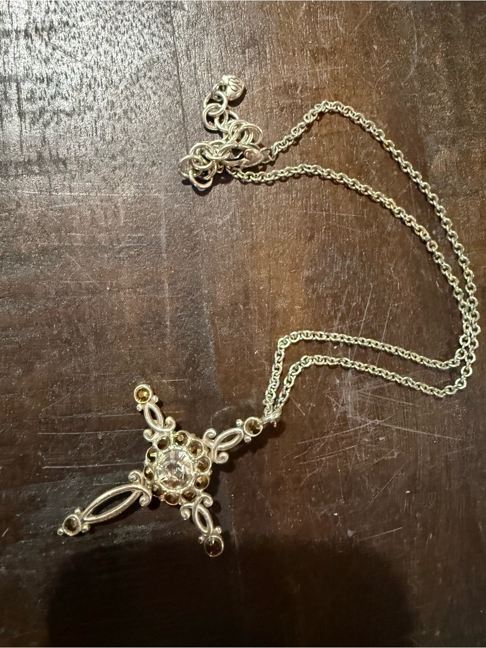 Silver reversible Filigree Pendant Necklace with Clear Stone/pearl